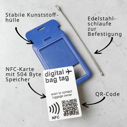 Digital Bag Tag | Digitaler Gepäckanhänger | Blau | Wiederverwendbar | NFC | QR-Code