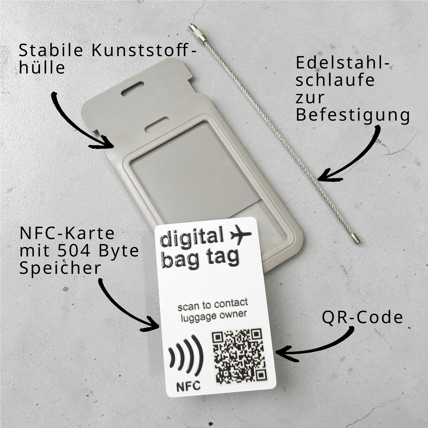 Digital Bag Tag | Digitaler Gepäckanhänger | Grau | Wiederverwendbar | NFC | QR-Code