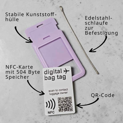 Digital Bag Tag | Digitaler Gepäckanhänger | Lila | Wiederverwendbar | NFC | QR-Code