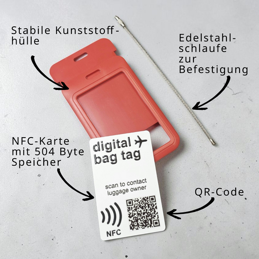 Digital Bag Tag | Digitaler Gepäckanhänger | Rot | Wiederverwendbar | NFC | QR-Code