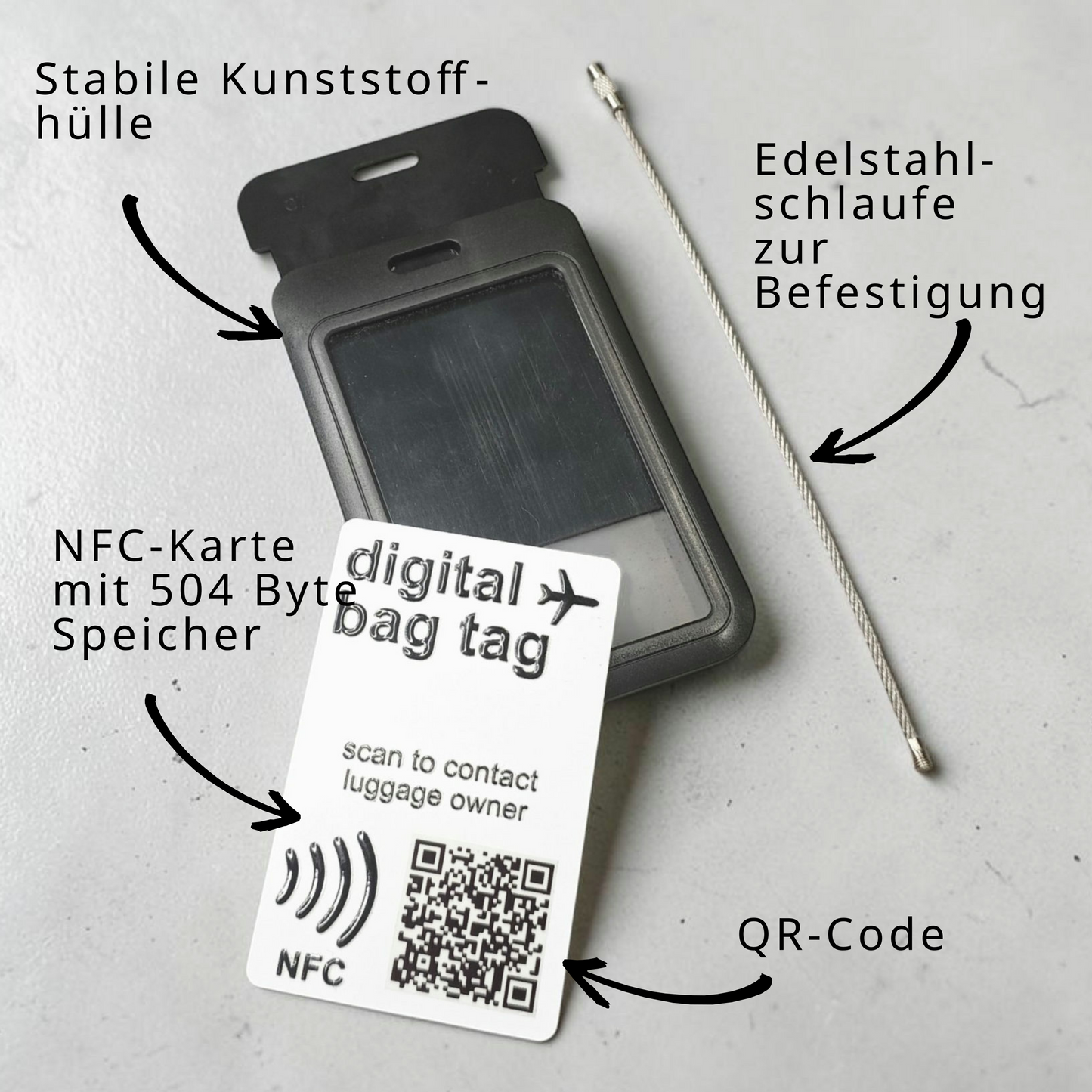 Digital Bag Tag | Digitaler Gepäckanhänger | Schwarz | Wiederverwendbar | NFC | QR-Code