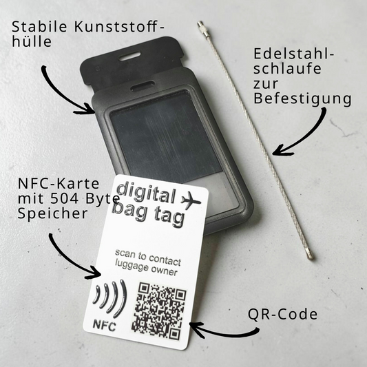 Digital Bag Tag | Digitaler Gepäckanhänger | Schwarz | Wiederverwendbar | NFC | QR-Code