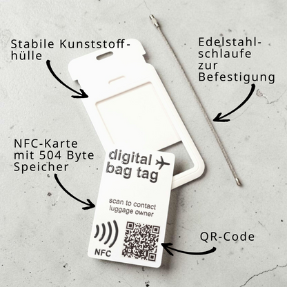 Digital Bag Tag | Digitaler Gepäckanhänger | Weiß | Wiederverwendbar | NFC | QR-Code